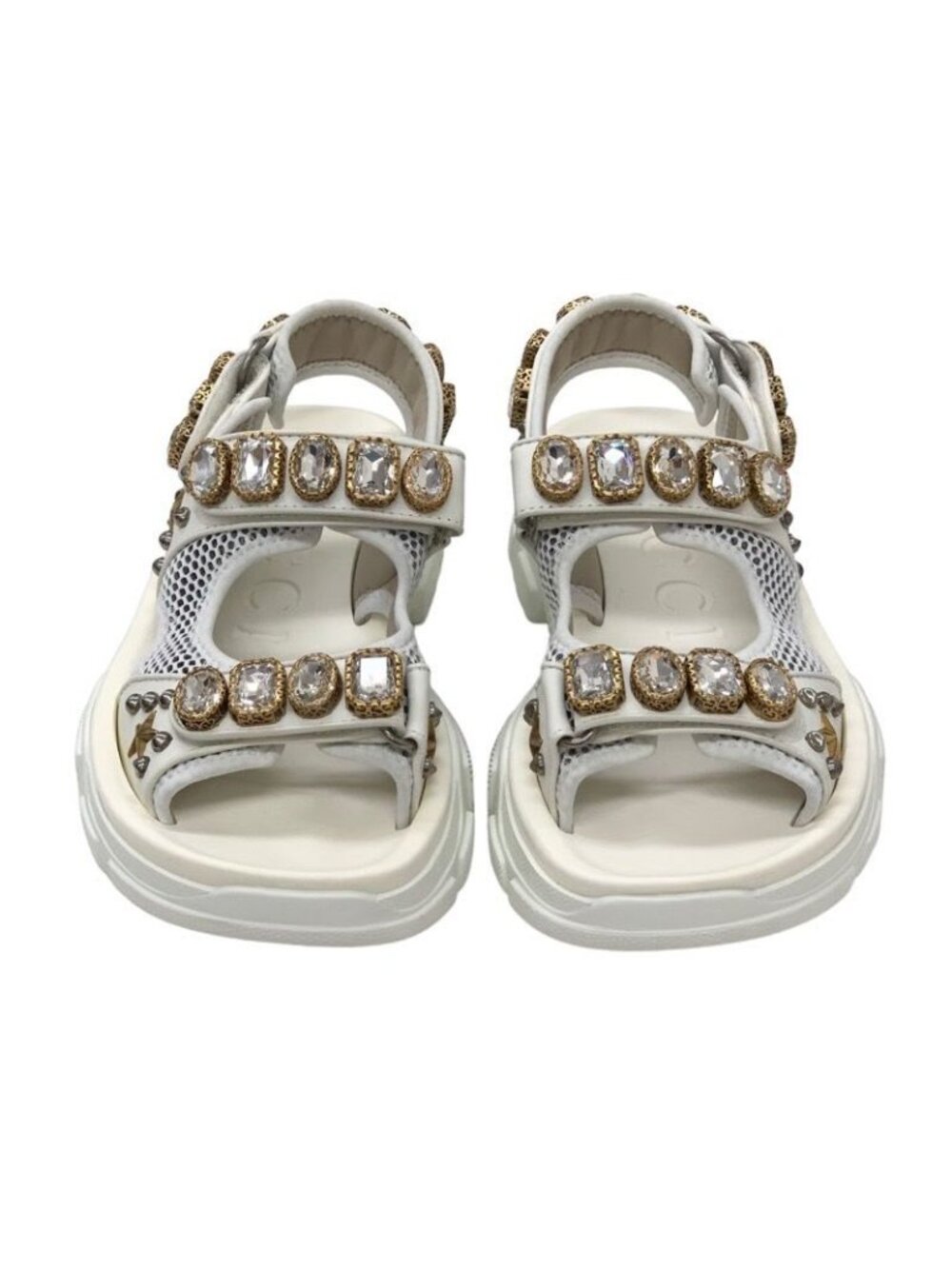 Gucci Sandals Shoes Mesh Leather White Gold Silver Sports Flat - Picture 3 of 11